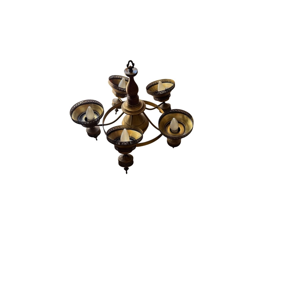 Vintage 5 Light Chandelier Antique Brass Filigree Wood Column Hanging Lamp